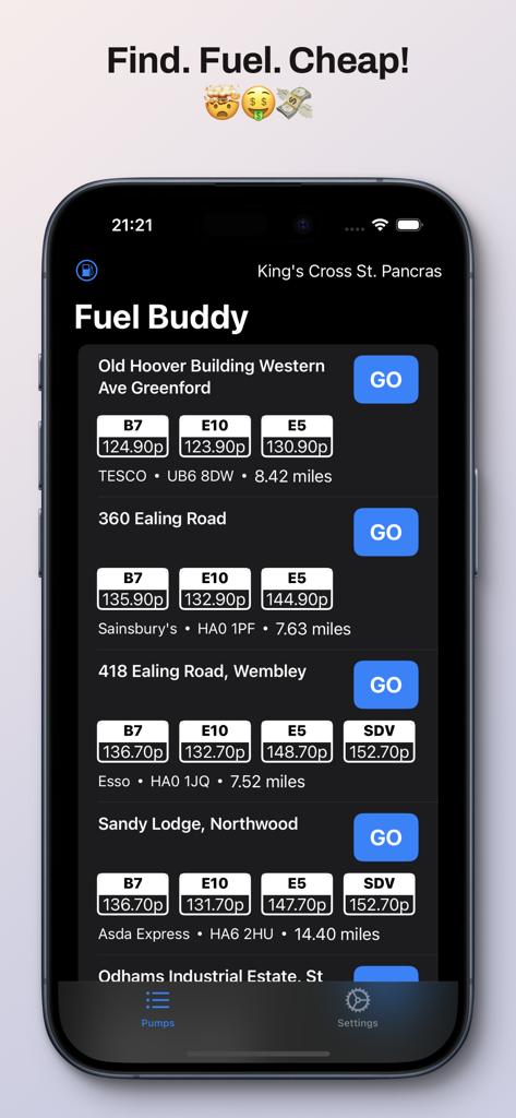 Fuel Buddy: Find Cheap Fuel - Fuel Buddy app interface showing a list of nearby gas stations with real-time fuel prices and navigation buttons