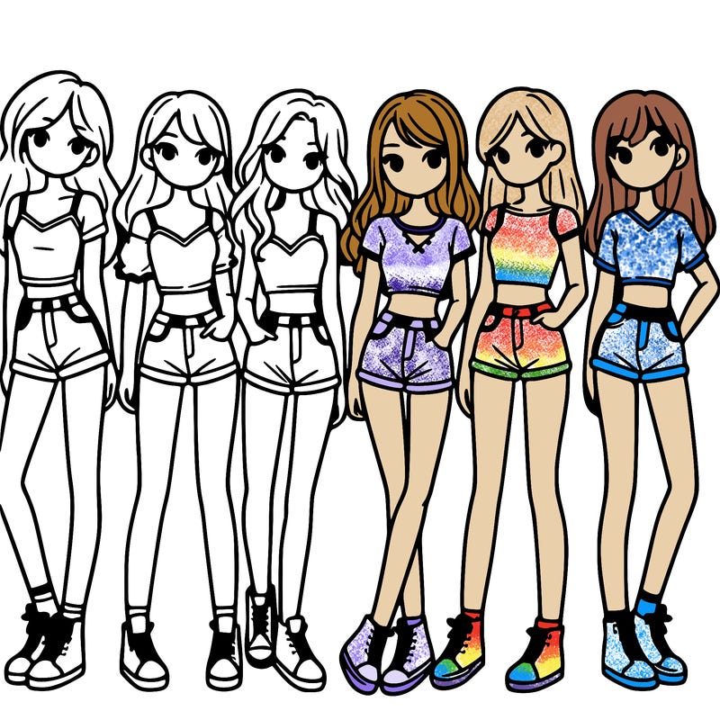 a group of girls wearing crop tops and shorts