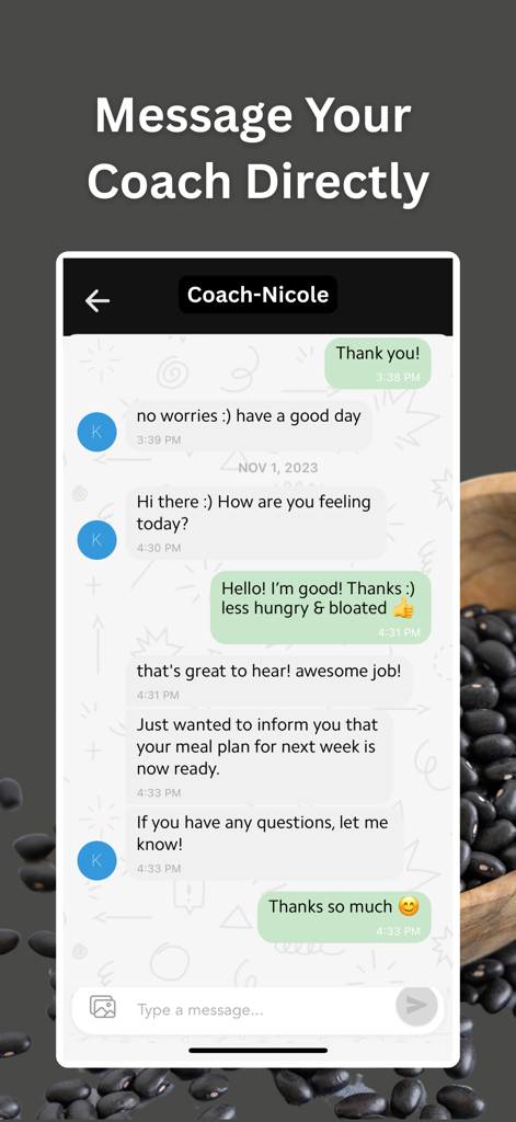 Foodzilla! Nutrition Assistant - Direct messaging interface with a nutrition coach in the Foodzilla app.
