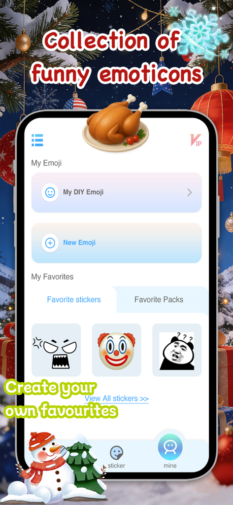 Meme Maker Pro-Stickers&Emoji - MojiLab app interface showing favorite stickers and a DIY emoji section with a festive Christmas background.