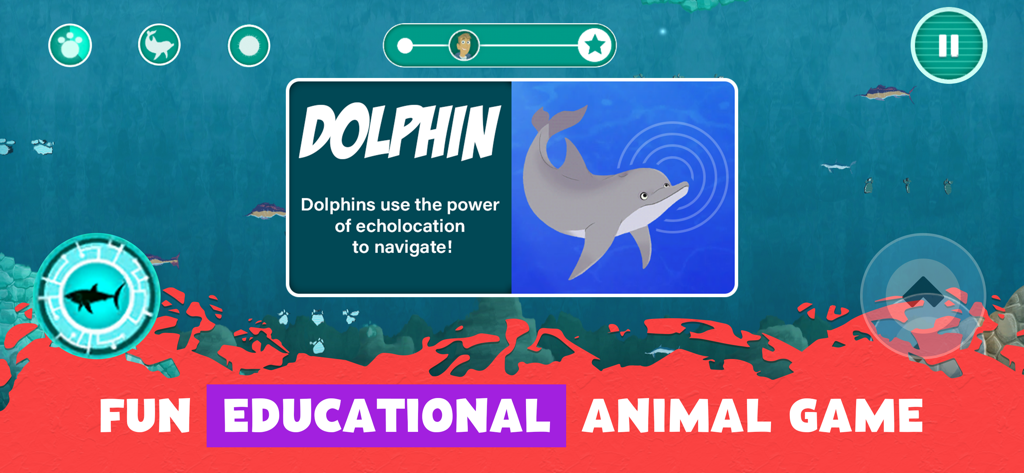 Wild Kratts Rescue Run - A screenshot from the Wild Kratts Rescue Run app displaying an educational fact about dolphin echolocation in an underwater setting.