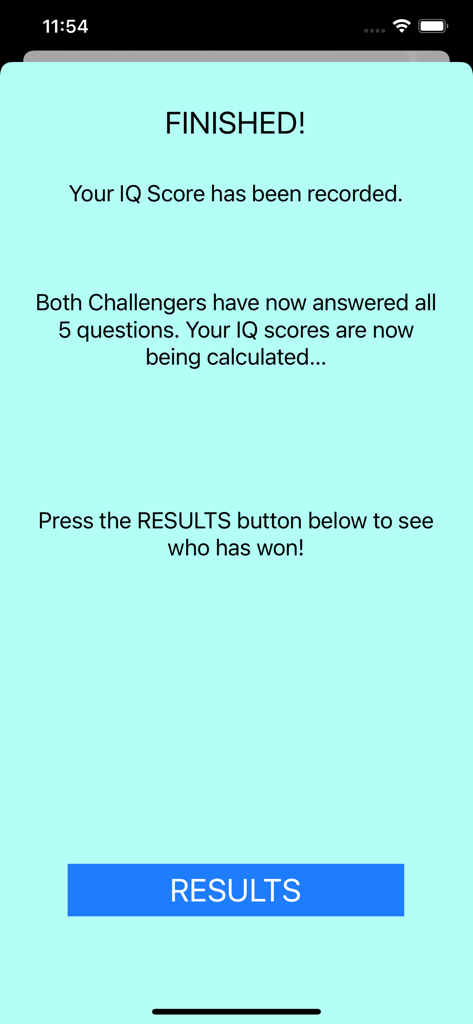 Finished screen of the IQ Test Game prank app showing a Results button