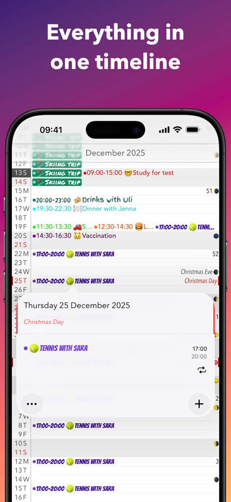 Ein mobiler Screenshot der Calendar+ App, der einen vertikal scrollenden Zeitplan mit bunten Ereignisbeschriftungen und Emojis in einer Zeitleistenansicht zeigt