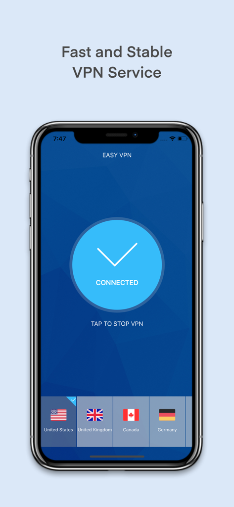 Hotspot VPN Easy & Fast Proxy - Hotspot VPN app interface on iPhone showing a connected status and country server options