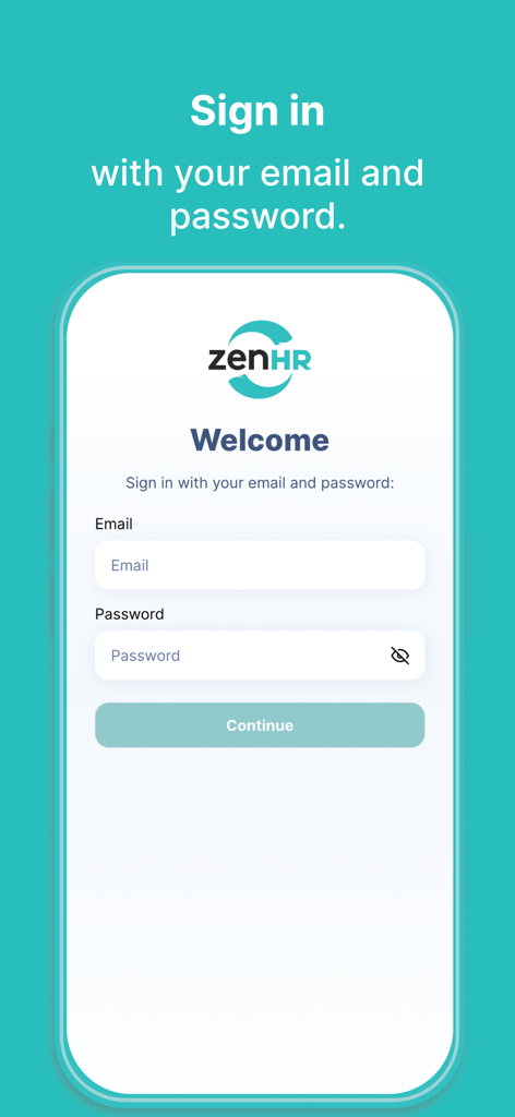 ZenHR Clock - Anmeldebildschirm der ZenHR Clock App mit Feldern für E-Mail und Passwort