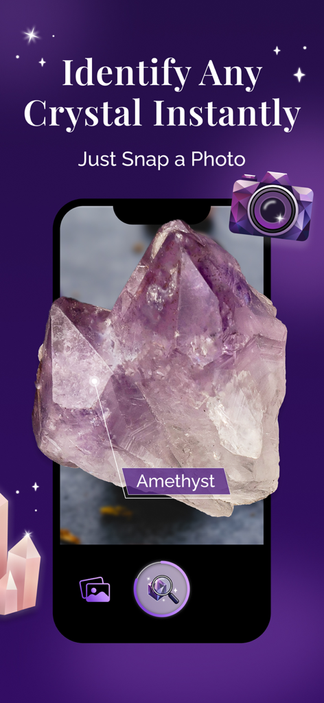 Tela de smartphone do aplicativo Crystalyze identificando um cristal de ametista por meio de uma foto.