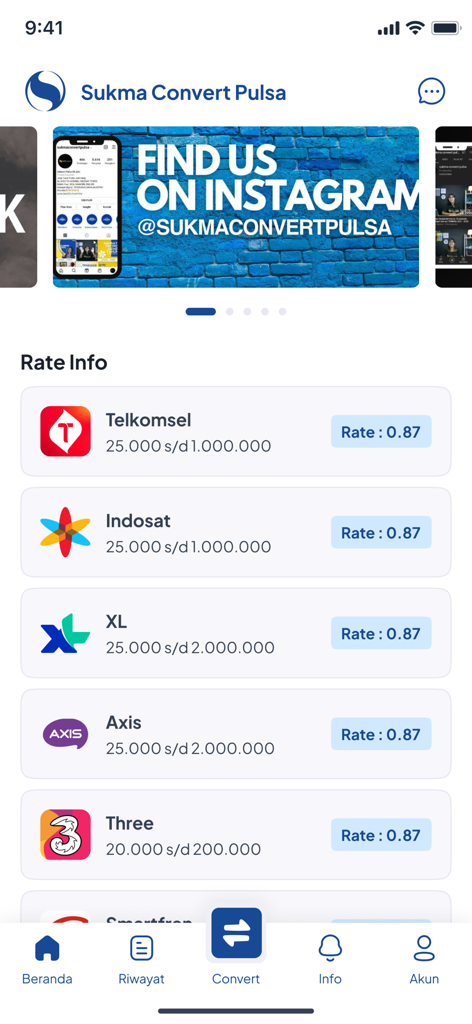 Sukma Convert app home screen showing Indonesian mobile credit exchange rates for Telkomsel and Indosat