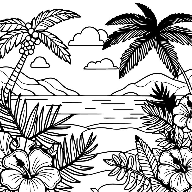 a tropical scene featuring palm leaves, hibiscus flowers, and ferns.