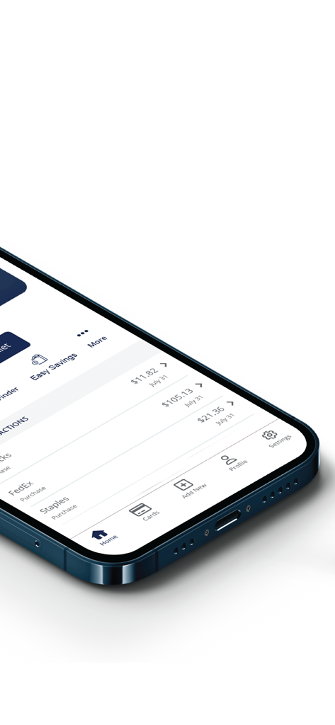A smartphone displaying the MyDashCard app interface with a list of recent transactions and navigation menu