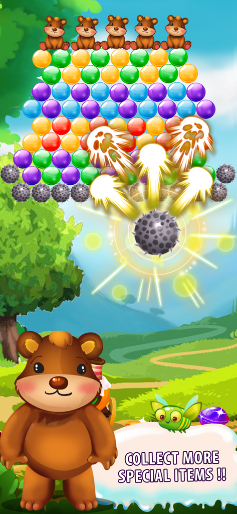 Bubble Candy: Bubble Shooting - Bubble Candy shooting game screen featuring a cute bear and colorful candy bubbles with a special item explosion