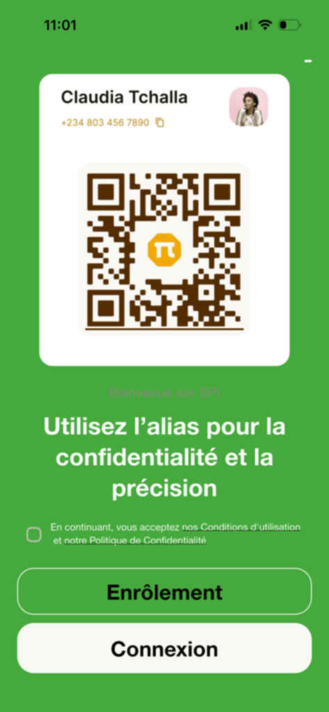 BDM-PI app onboarding screen featuring a user profile QR code with buttons for enrollment and login