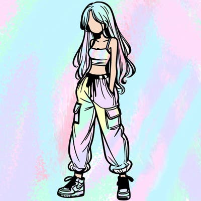 girl in baggy pants crop top and long hair