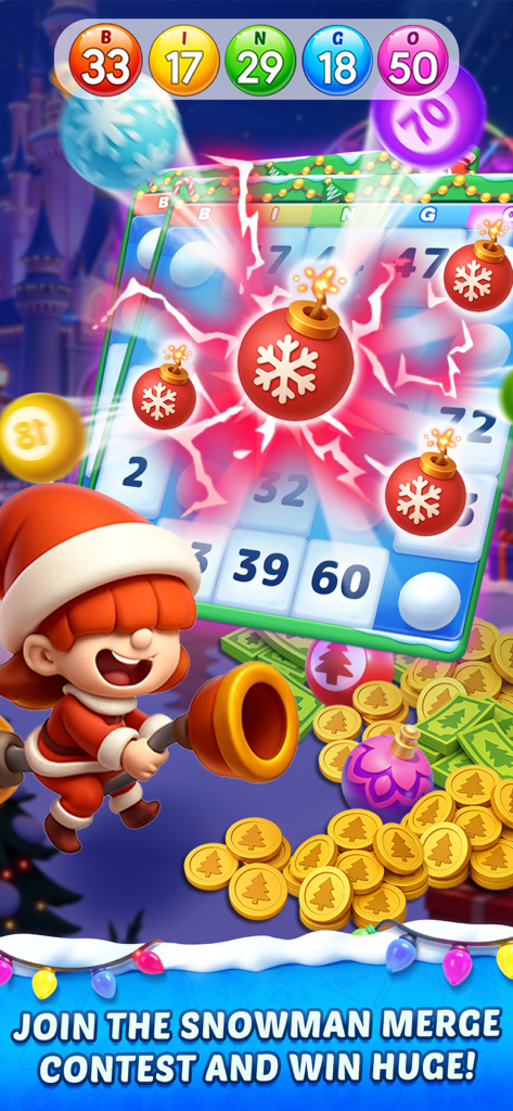 Personaggio di Babbo Natale di fronte a carte del bingo e potenziamenti a fiocco di neve per l'evento del Concorso di Unione Pupazzi di Neve