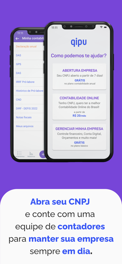 Qipu Contabilidade Abra CNPJ - Pantallas de la aplicación móvil Qipu que muestran contabilidad en línea y servicios de registro de empresas para emprendedores brasileños