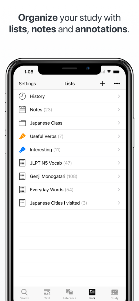 Japanese - Interface of the Japanese app showing organized study lists for JLPT vocabulary and personal notes