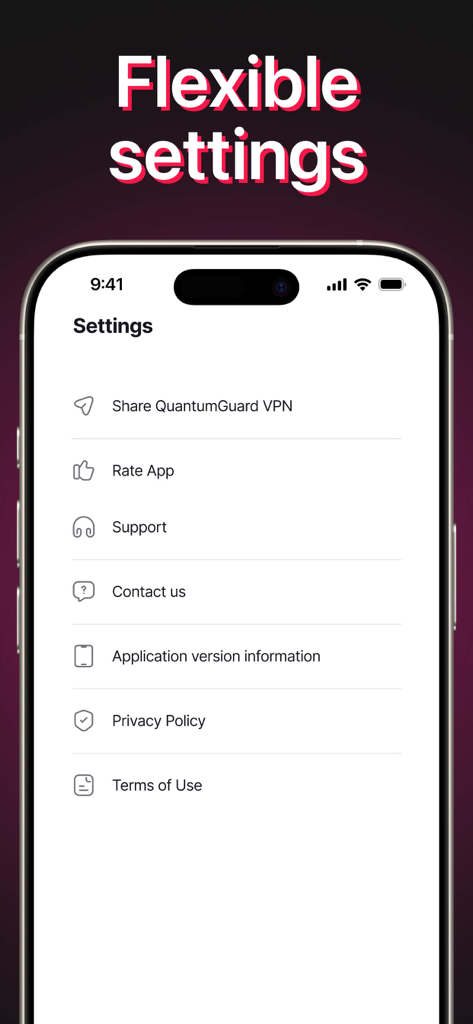 A screenshot of the settings menu in the VPN for TikTok app showing support and privacy options.