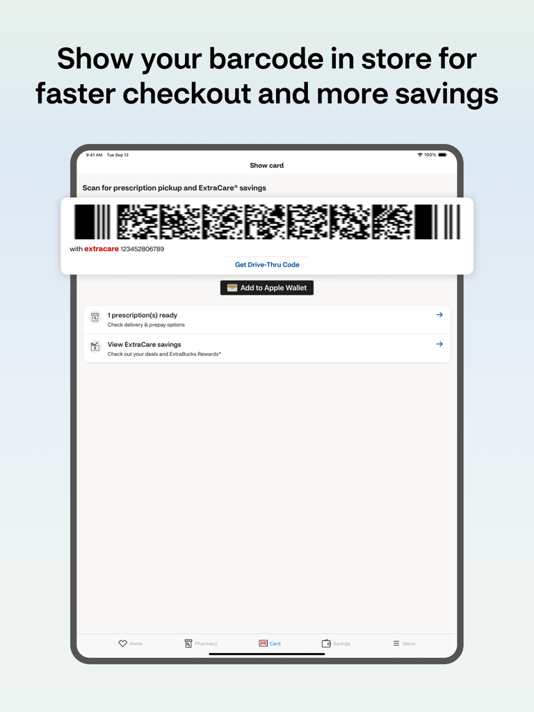 店舗での処方箋受け取りとExtraCare®割引のためのデジタルバーコードが表示されたCVSアプリの画面。