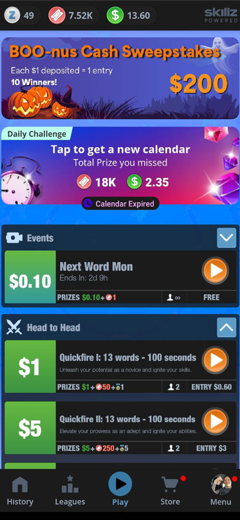 Next Word: Alphabet Cash Quiz - Main menu of Next Word Alphabet Cash Quiz showing various cash tournament modes and daily challenges