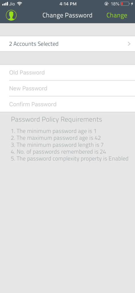 Change password screen in ManageEngine ADSelfService Plus showing input fields and corporate password policy requirements.