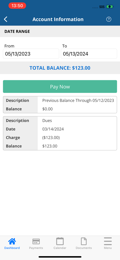 Merit Go! - Merit Go app account information screen showing a total balance of 123 dollars and a green Pay Now button for association dues