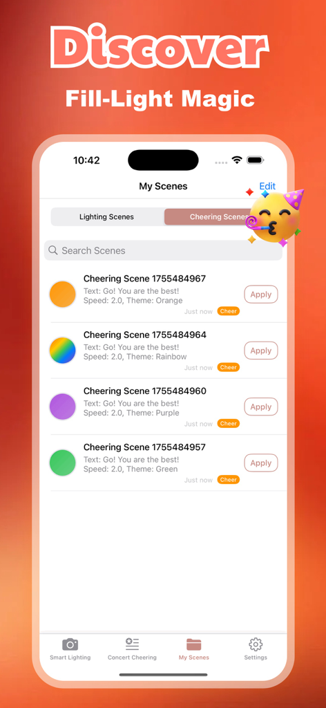 Snorg mobile app interface showing a list of colorful cheering scene presets for concerts and events