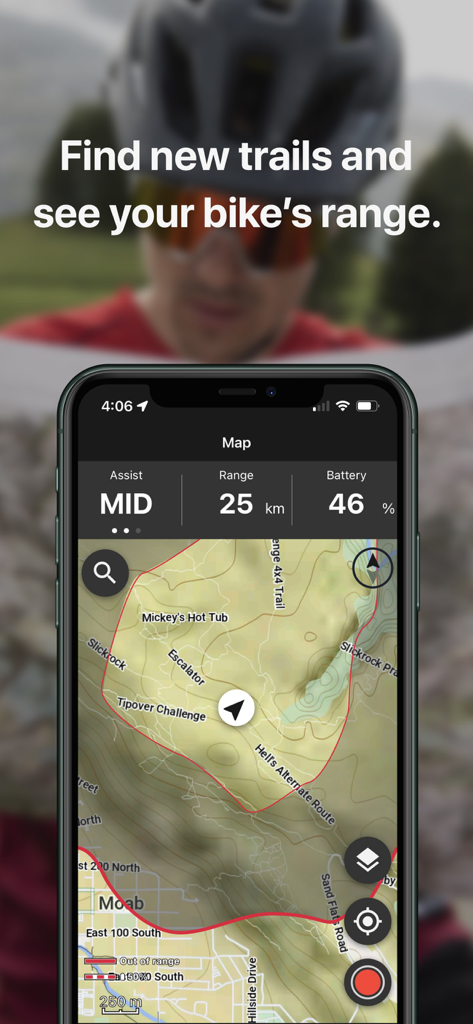 Trek Central - Trek Central mobile app screen showing a trail map with e-bike battery range cloud and assist status.