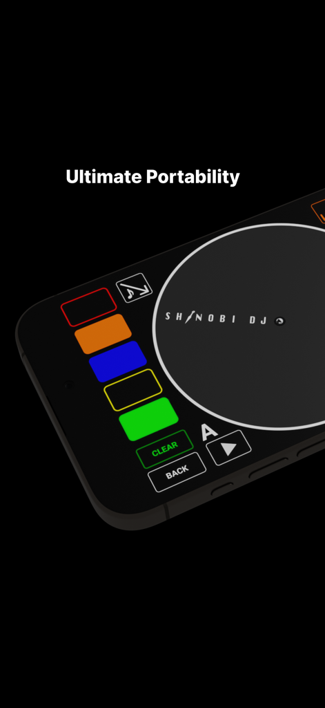 SHINOBI DJ app screen showing a virtual turntable and cue pads on a mobile device with the text Ultimate Portability