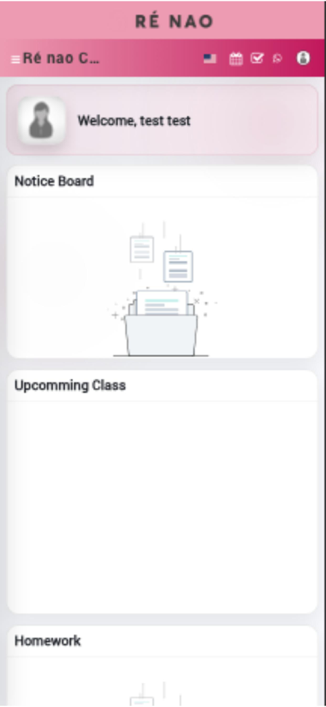 공지 사항 및 예정된 수업을 보여주는 Ré nao Platform 학생 대시보드