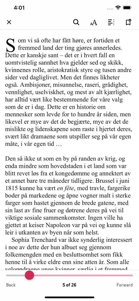 EBOK.NO - A screenshot of the EBOK.NO app showing a Norwegian ebook reader interface with adjustable settings.