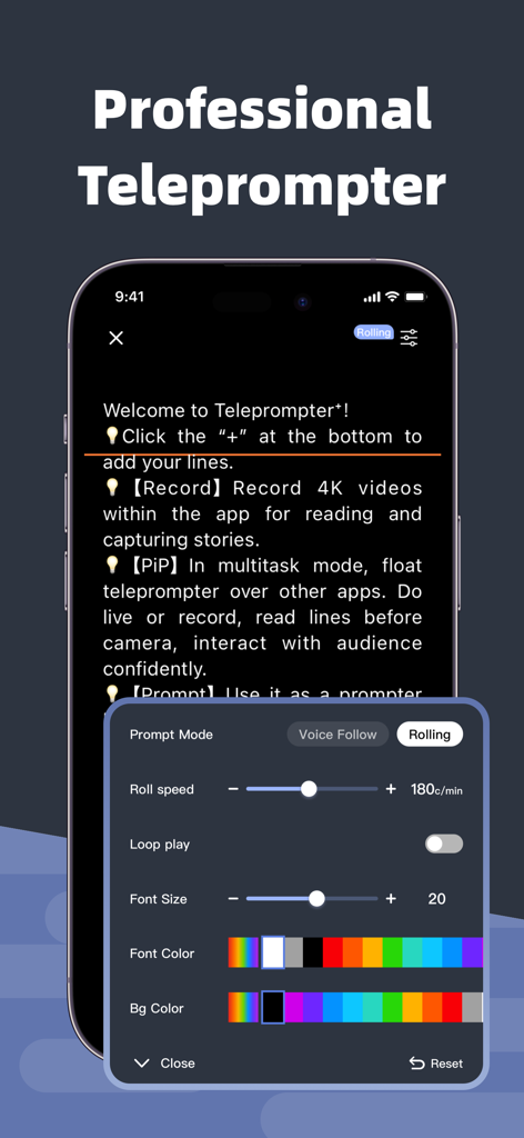 Teleprompter⁺ - Interface do aplicativo Teleprompter plus mostrando uma exibição profissional de roteiro com configurações de personalização para velocidade de rolagem e aparência da fonte.