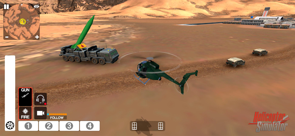 Helicopter Simulator 2026 - A green helicopter flying over a desert landscape with military vehicles in Helicopter Simulator 2026