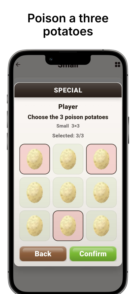 Safe or Poison game - Safe or Poisonゲームで、3x3グリッド上で3つの毒ポテトを選択するプレイヤー