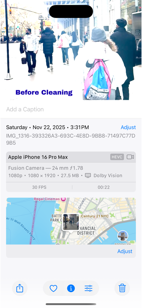 Screen showing a video file with its metadata including a GPS map and camera specifications