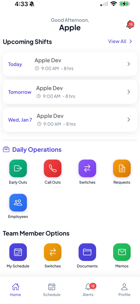 Dashboard of the Casino Schedule Ease app displaying upcoming shifts, early out requests, and shift switch options for employees.