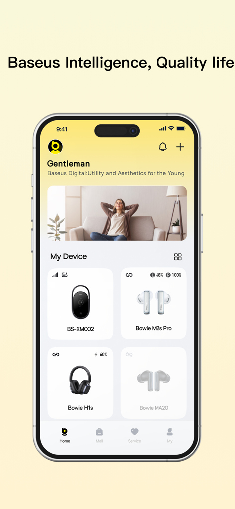 Baseus app home screen interface displaying connected devices like wireless earbuds and headphones with battery levels.