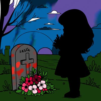 girl standing at a lived ones grave holding flowers at sunset