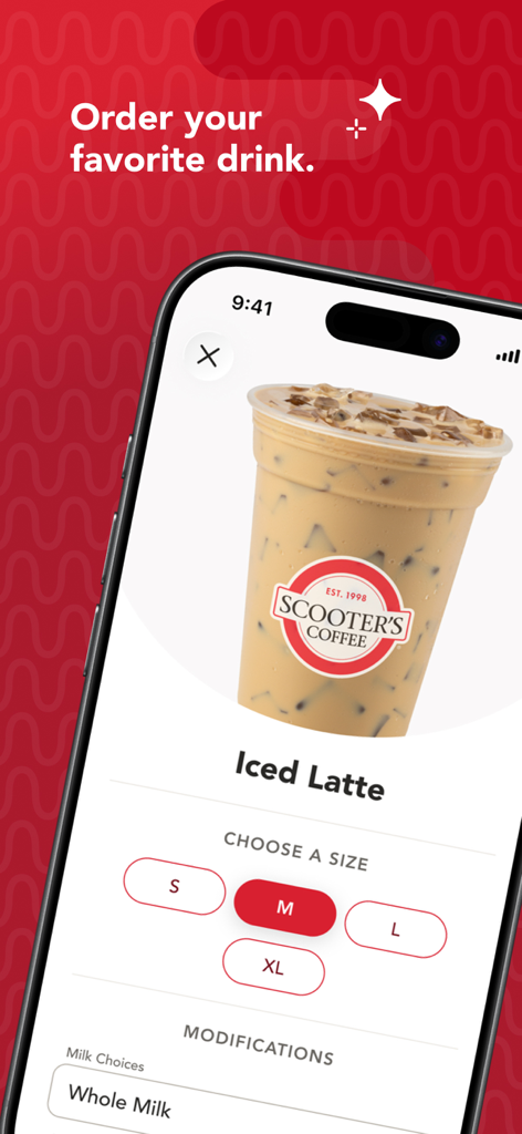 Scooter's Coffee - Interfaz de la aplicación móvil de Scooter's Coffee para pedir un latte helado con selección de tamaño y modificaciones de leche