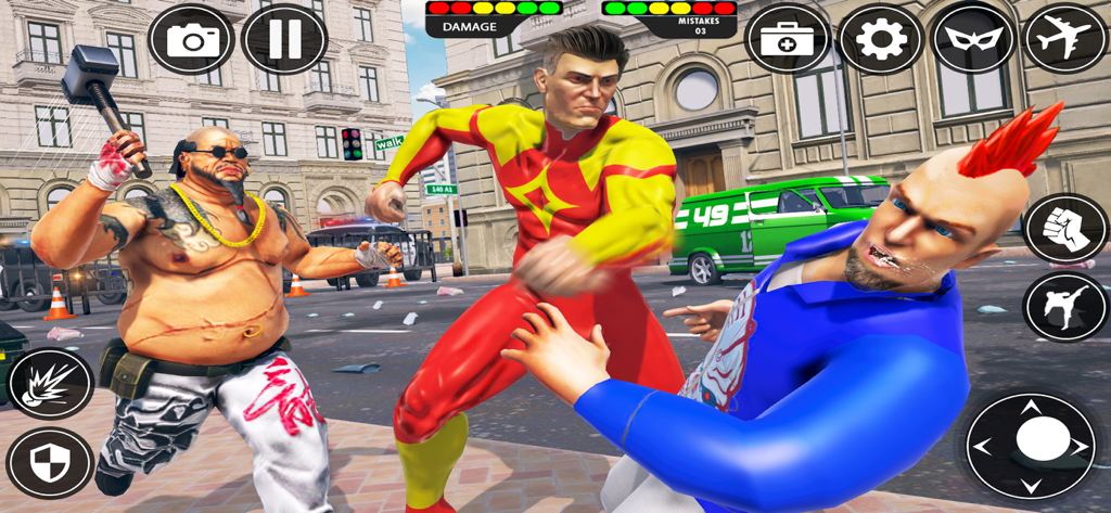 Spider Hero Games - Rope Hero - Superhero in a red and yellow suit fighting enemies on a city street in an open world action game.