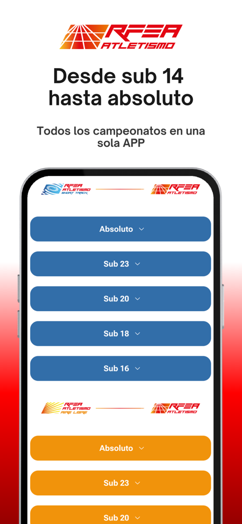 Captura de pantalla de la aplicación RFEA que muestra las categorías de competición de atletismo para diferentes grupos de edad, desde juvenil hasta absoluta.