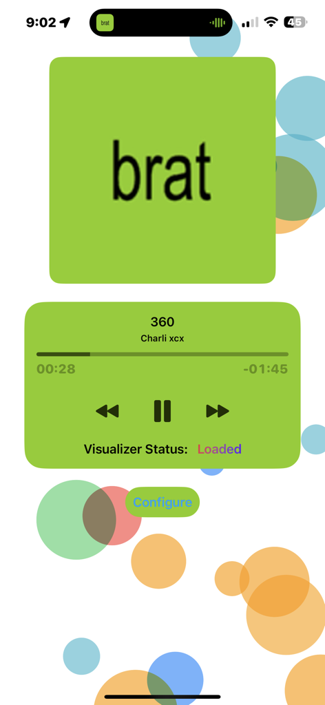 Spatial Music Visualizer - Music player interface for the Spatial Music Visualizer app playing a song with a colorful bubble background