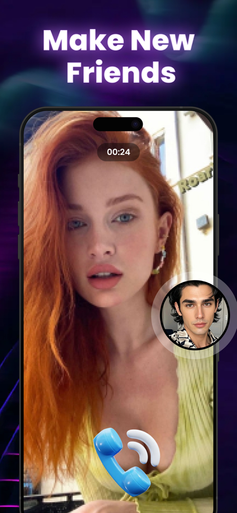 Smartphone screen displaying a video call between two people with the text Make New Friends at the top.