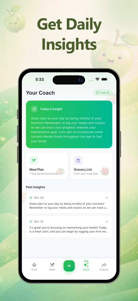 Nutoriq - AI Calorie Tracker - Nutoriq mobile app screen featuring the AI nutrition coach daily insights and meal plan