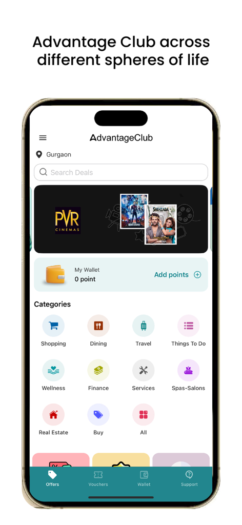 Pantalla de inicio de la aplicación AdvantageClub mostrando categorías de beneficios para empleados corporativos