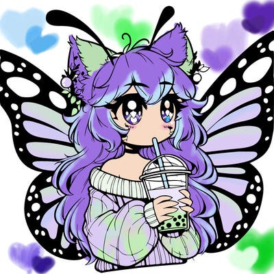 a realistic butterfly/furry girl drinking boba