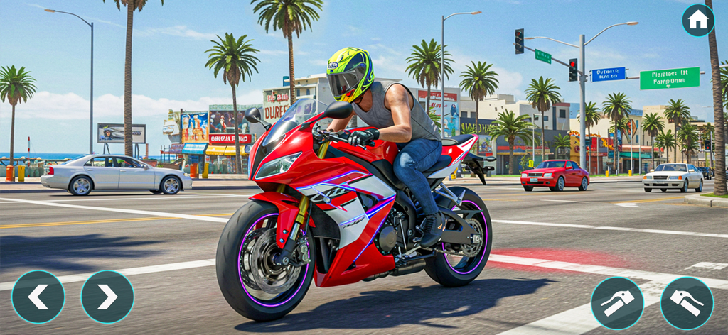 City Bike Driving 3D Openworld - A rider on a red sport motorcycle driving through a 3D city street with palm trees and traffic.
