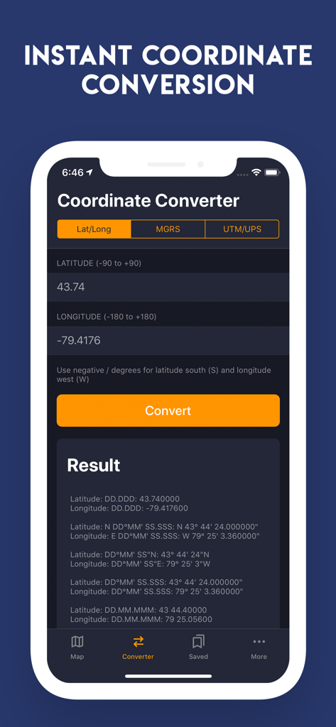 Mobile app interface showing instant GPS coordinate conversion results for latitude and longitude in multiple formats.