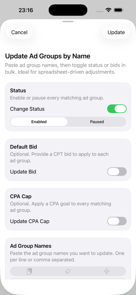 Monitor and Manage Search Ads - Interfaz de actualización masiva para el estado de los grupos de anuncios, pujas y límites de CPA