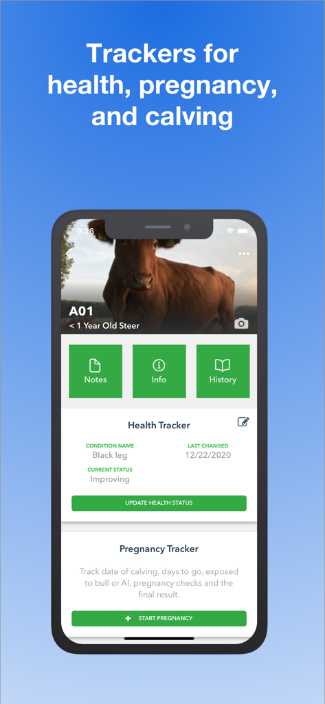 Ranchr app interface showing cattle health records and pregnancy tracking