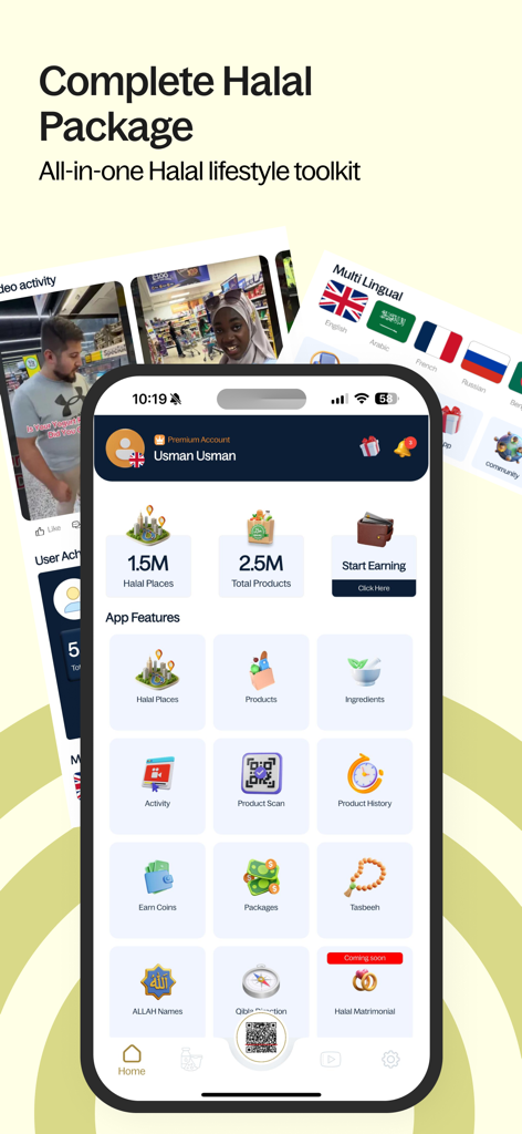 Mustakshif: Halal Food Scanner - Interface do aplicativo Mustakshif mostrando scanner Halal e recursos de estilo de vida