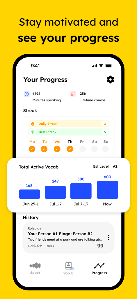 Language learning progress screen in Pingo AI showing speaking stats, streaks, and vocabulary growth chart.